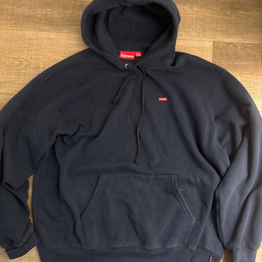 Supreme Navy Pullover Hoodie with Red Box Logo
